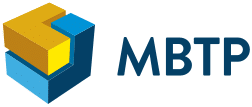 Logo de l'entreprise "MBTP", jaune et bleu.